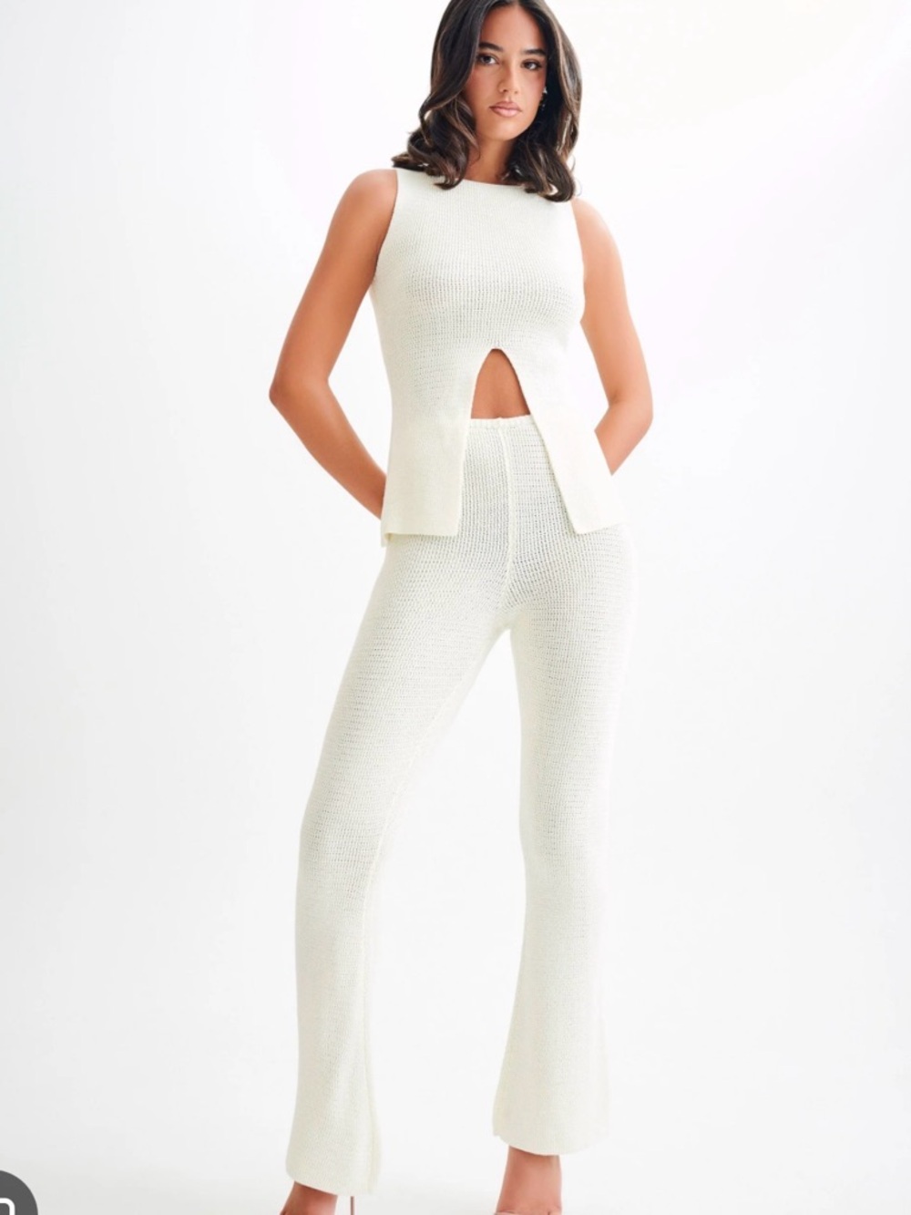 Meshki Cream Sleeveless Knit Top & Wide Leg Pants Set